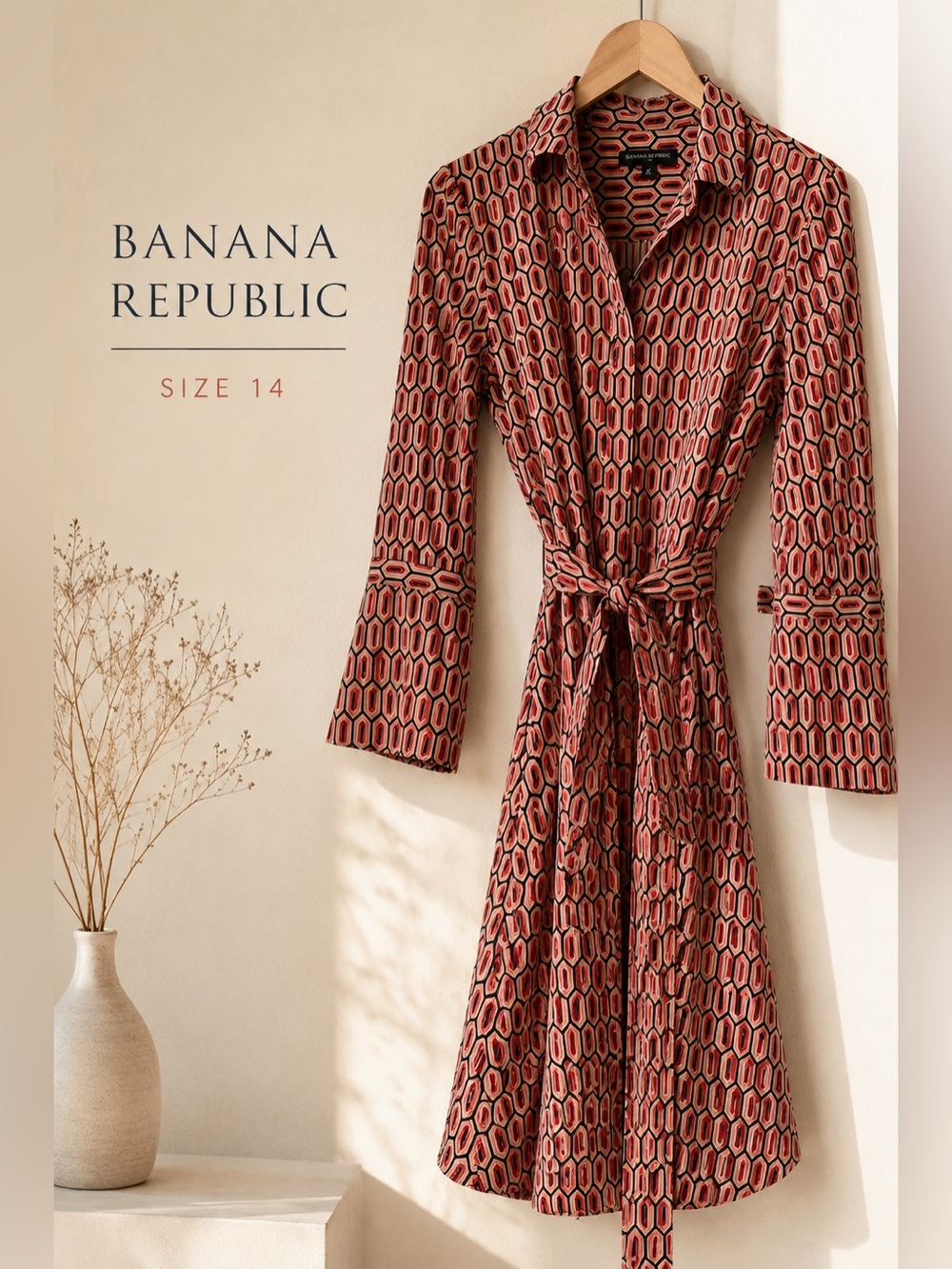 Banana Republic Geometric Print Belted Shirt Dress Size 14